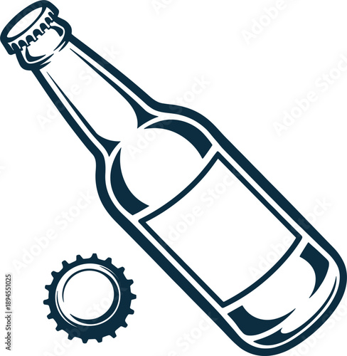 Glass beer bottle with cap vector, hand drawn alcohol beverage silhouette, pub and bar menu sketch