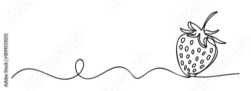 Continuous line art drawing of a single strawberry fruit with stem and seeds connected by an elegant wavy black stroke suitable for food blogs and product packaging