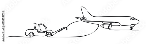 Continuous line drawing of a small utility vehicle pulling a banner that transforms into an airplane, perfect for representing seamless transportation and global travel services
