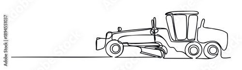 Dynamic continuous line portrayal of a robust road grader machine, essential for civil engineering, infrastructure building, and modern construction project development.
