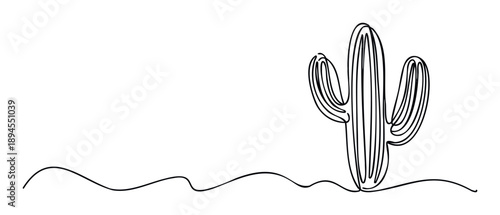 Continuous line drawing of a saguaro cactus standing on a wavy ground line, presenting a minimalist desert scene suitable for modern posters, web graphics, or product packaging.