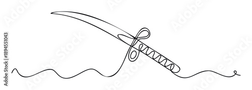 Minimalist one line drawing of a curved sword or saber perfect for martial arts schools logos and historical weaponry illustrations or abstract graphic design elements