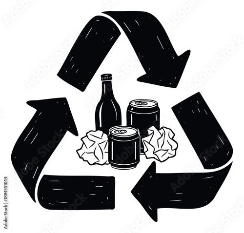Black and white graphic featuring a hand drawn recycle symbol enclosing a glass bottle, aluminum cans, and crumpled paper, ideal for promoting environmental awareness and sustainable waste