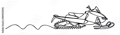 Continuous line drawing of a snowmobile creating a track in the snow, perfect for winter sports event promotions, outdoor activity advertisements, or graphic design projects.