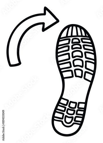 Graphic representation of a shoe sole footprint with a curved arrow indicating direction, following a trail, or a designated path, suitable for guidance systems, informational displays, and