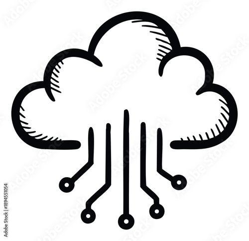 Doodle style cloud computing technology icon symbolizing digital infrastructure and internet connectivity for illustrating innovative software platforms and data management systems