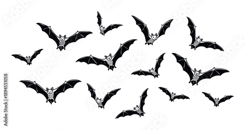 A group of spooky black bats with textured bodies flying around, perfect for eerie Halloween decorations, seasonal party invitations, or mysterious nocturnal themed marketing materials.