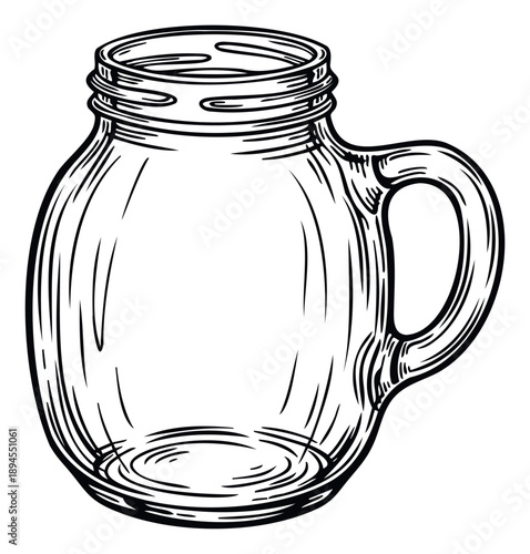 Handdrawn empty glass jar with handle in vintage sketch style perfect for beverage container designs kitchenware labels or craft projects
