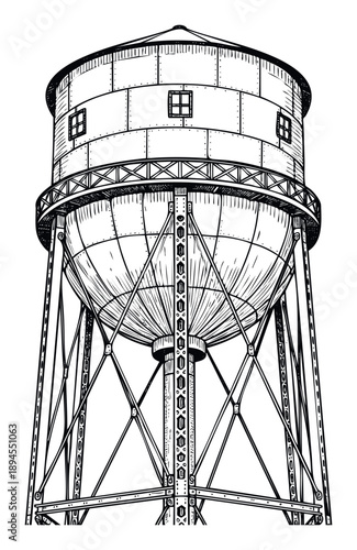 Vintage industrial water tower structure providing essential community infrastructure, perfect for architectural history presentations, urban development studies, and engineering heritage