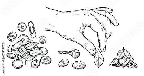 Captivating line drawing depicting a hand delicately selecting a small leaf from an appealing assortment of common household items including buttons, coins, and a key, ideal for various