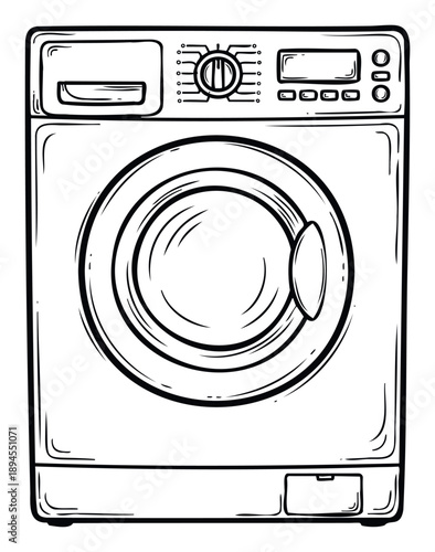 Modern front loading washing machine graphic showcasing essential household technology for laundry services, perfect for home appliance guides and domestic chore management applications.