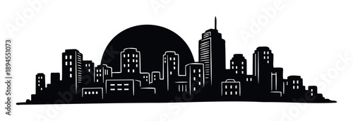 Graphic cityscape silhouette featuring a lively metropolitan skyline with various buildings and a prominent sun or moon, excellent for urban themed designs, presentations, and modern visual