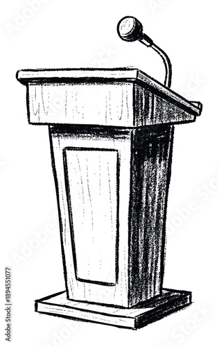 Roughly sketched podium with a microphone ready for public speaking or delivering presentations, perfect for educational materials, communication projects, or event announcements.