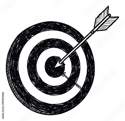 A hand drawn target bullseye with an arrow hitting the exact center symbolizes business success and goal achievement perfect for motivational concepts and marketing presentations.