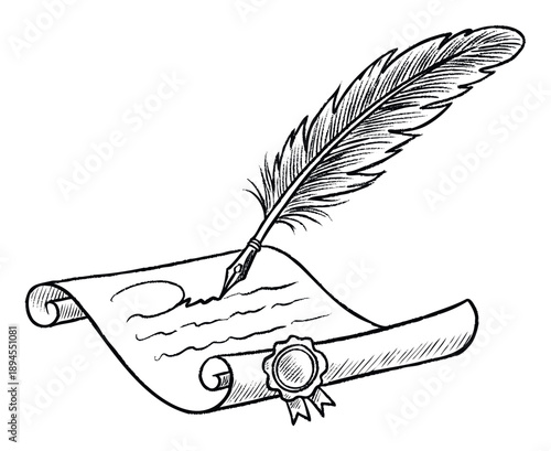 Classic feather quill pen drawing on an old parchment scroll with a formal wax seal, ideal for historical document representations, literary projects, and educational materials