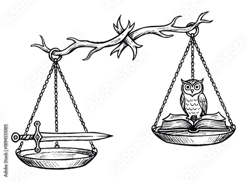 Symbolic scales of justice depicting a sword on one side and an owl with an open book on the other, representing the essential balance of might and wisdom for legal and educational themes