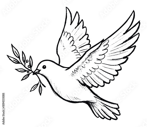 A hand drawn flying dove gracefully carrying an olive branch, embodying messages of peace, purity, and hope, suitable for various spiritual or commemorative projects.