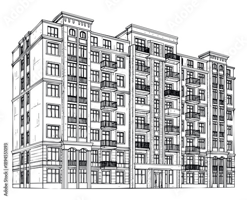 Detailed line drawing of a stately multistory apartment building featuring ornate facade elements and numerous balconies, perfect for architectural visualization and urban planning studies.