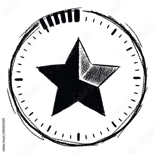 Textured hand drawn star icon inside a circular progress dial indicating a partial completion level, useful for displaying ratings, goals, or time based events on screen
