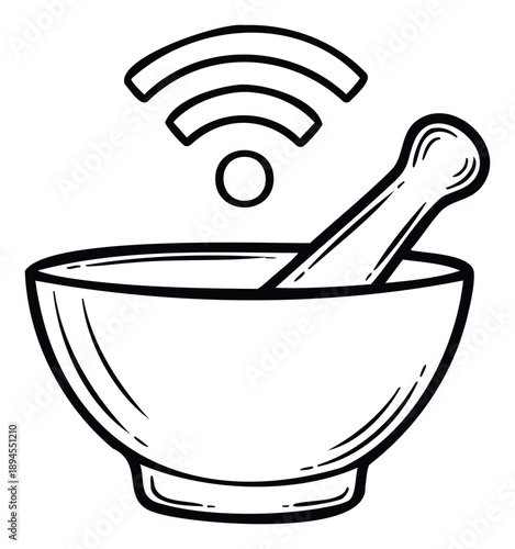 Modern pharmacy symbol combining traditional mortar and pestle with wireless signal representing ehealth solutions and online medical services for health technology companies.