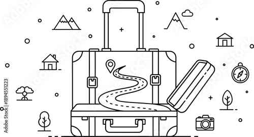 Minimalist line art illustration depicting an open vintage suitcase ready for an adventurous journey symbolizing travel planning and navigation around the world