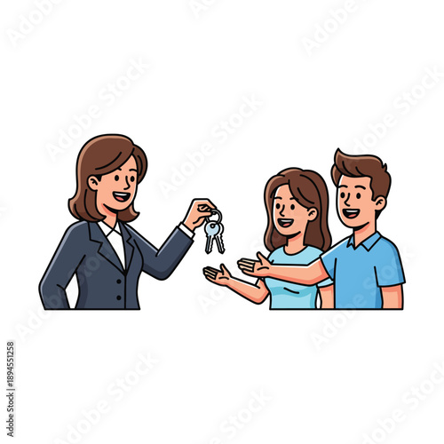 A cartoon woman handing keys to a smiling couple