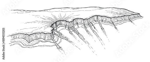 Detailed line drawing of a geological crosssection revealing a deep cliff with intricate layers and fissures, suitable for educational resources and scientific publications on natural