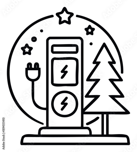 Electric vehicle charging station with holiday seasonal elements like stars and a Christmas tree, ideal for promoting ecofriendly transportation and festive energy solutions