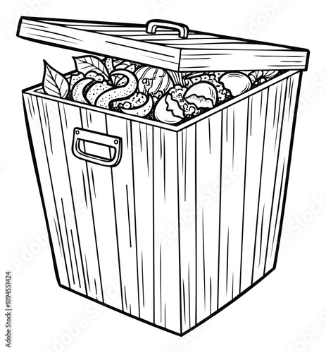 Graphic outline of a wooden trash bin with its lid ajar, revealing a pile of organic waste including fruit peels and leaves, suitable for environmental education and composting projects.