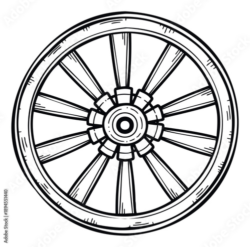 A traditional wooden wagon wheel drawing, perfect for historical transportation themed projects or rustic Western decor and classic farming advertisements