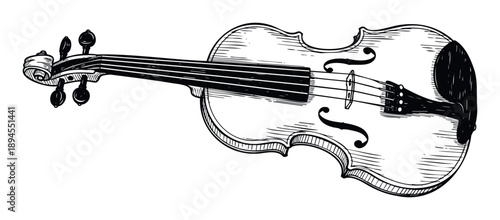 Classic black and white sketch of a violin, a timeless orchestral string instrument, perfect for music education materials, concert posters, event promotion, or elegant decor prints.