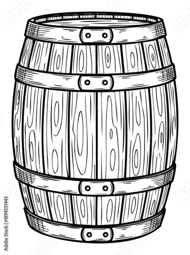 Vintage wooden barrel with metal hoops and natural wood grain texture perfect for beverage storage concepts and traditional craft themes
