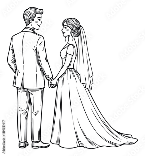 A joyful newlywed couple holding hands, symbolizing love and commitment, suitable for wedding planners, anniversary invitations, and romantic celebration advertising materials.