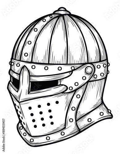 Stylized black and white vintage knight helmet with a strong armored visor and decorative rivets evoking ancient history and warfare suitable for educational material or event branding