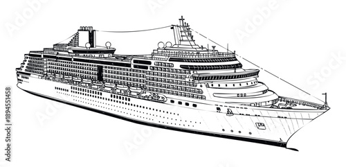 Detailed line drawing of a luxurious passenger cruise ship traveling on ocean water, perfect for travel agency brochures, maritime transportation graphics, or vacation planning websites