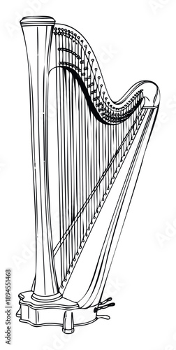 Detailed classical harp musical instrument outline drawing perfect for use in music education materials, concert advertising, or sophisticated event invitations.