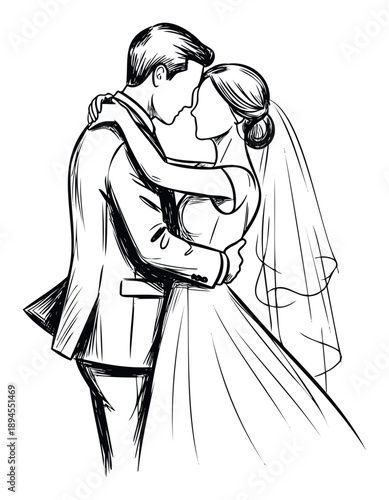 Romantic embrace of a newly married couple in wedding dress and tuxedo, symbolizing love and commitment, perfect for wedding invitations, anniversary celebrations, and relationship themes