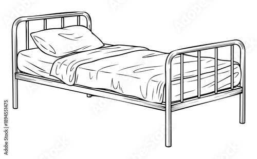 A simple single bed with a sturdy metal frame and comfortable bedding including a mattress, pillow, and blanket, ideal for residential, hospitality, or healthcare facility use.