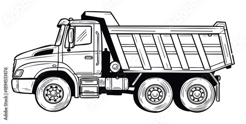 Detailed technical line drawing of a powerful heavyduty dump truck, ideal for industrial transportation concepts, engineering schematics, and construction project visual resources.