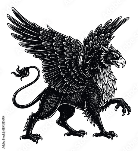 Powerful mythological griffin with spread wings in a classic engraving style perfect for symbolic branding or historical themed graphic projects