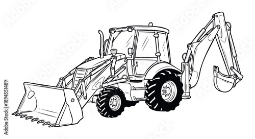 Sturdy backhoe loader construction vehicle ready for digging and loading operations, perfect for industrial publications, educational materials, and building project documentation.