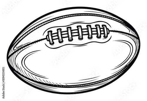 Striking monochrome engraving of an iconic American football or rugby ball featuring authentic lacing details, perfect for creating dynamic sports themed graphic prints and athletic event