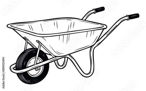 Sturdy single wheel wheelbarrow for manual labor and material transport, perfect for visual representations of gardening, construction, agriculture, and general landscaping work