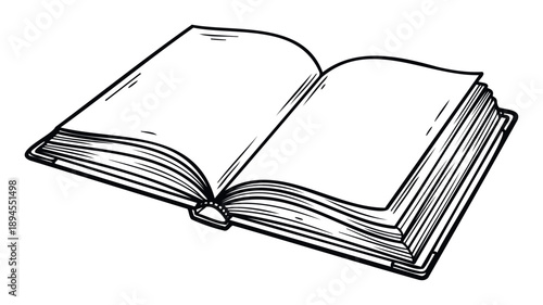 A detailed line drawing of an open book with blank pages, perfect for educational materials, literary themes, or adding visual interest to various graphic projects.