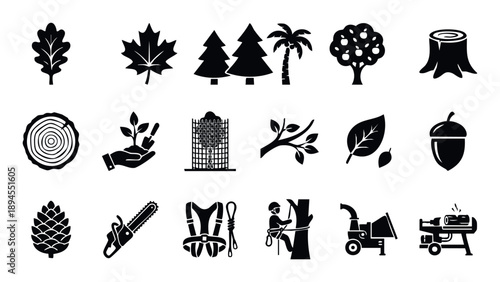 A comprehensive set of forestry and arboriculture icons featuring various tree types, leaves, wood elements, and essential tools like chainsaws, wood chippers, and safety gear, ideal for