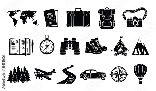 Comprehensive collection of travel and adventure icons perfect for illustrating global journeys trip planning or outdoor exploration and vacation related content