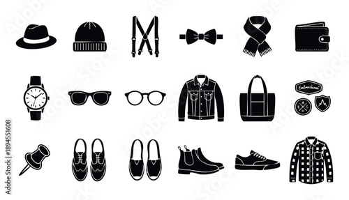 The image depicts a comprehensive collection of daily apparel, headwear, footwear, and accessory icons, perfect for representing personal style, wardrobe essentials, or outfit planning