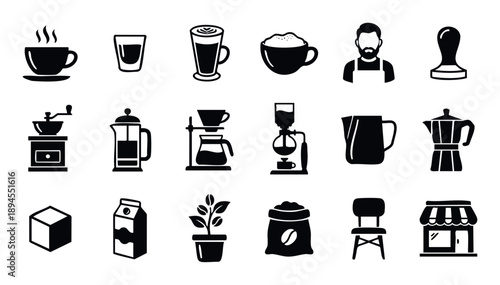 Collection of coffee related icons featuring popular drinks, brewing equipment, and cafe necessities perfect for menu creation, web applications, and coffee shop branding.