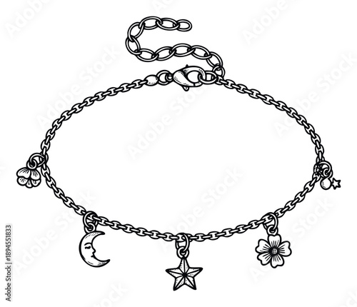 Elegant black and white line drawing of a charm bracelet featuring whimsical pendants like a crescent moon, fivepointed star, and a fourleaf clover, ideal for fashion accessory promotions