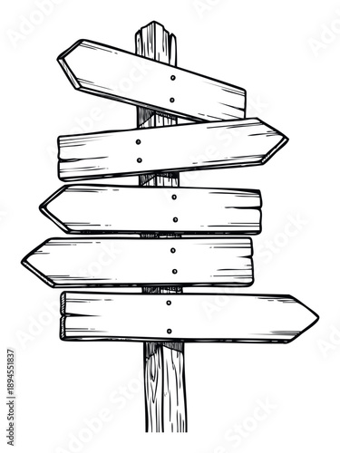Hand drawn wooden direction signpost with blank arrows provides a versatile template for navigation ideas, travel themes, or choosing paths for various personal and business uses.